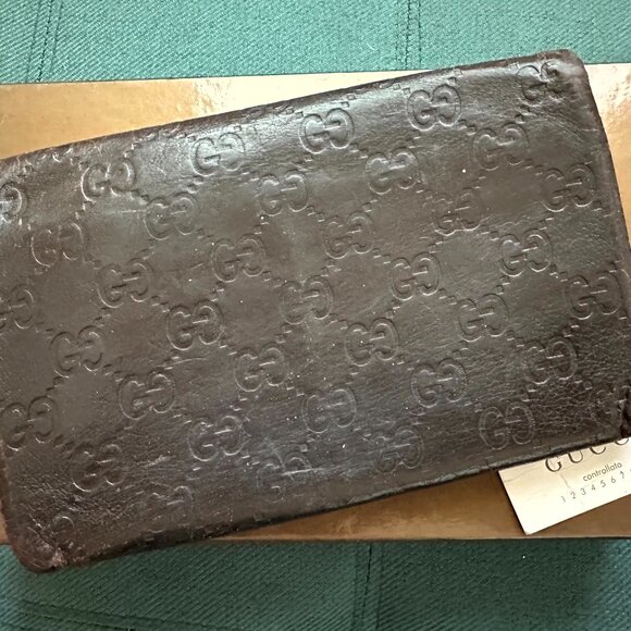AUTHENTIC GUCCI LOGO EMBOSSED FLAP BI-FOLD LONG WALLET LEATHER PREOWNED BROWN - Picture 6 of 8